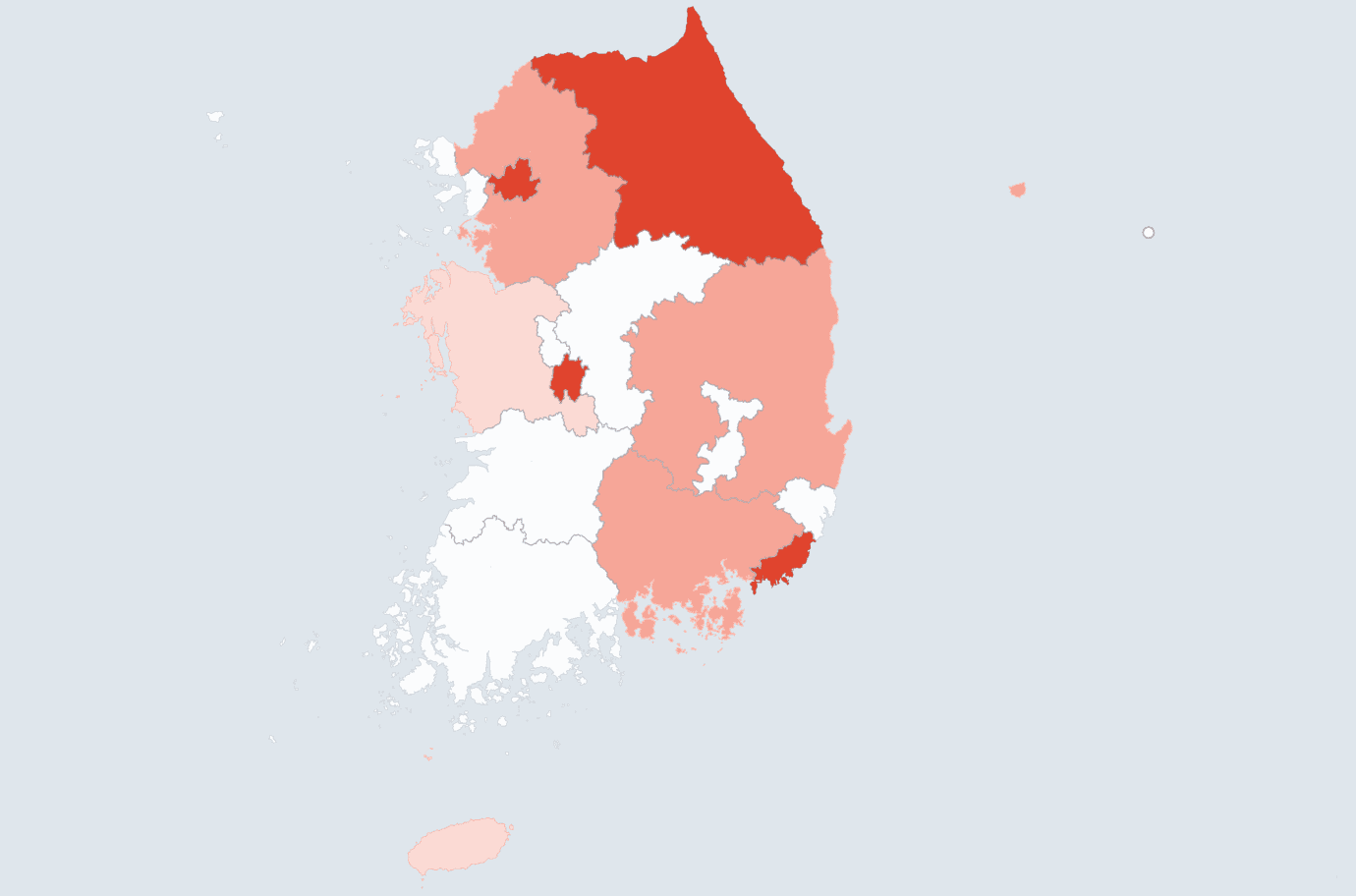 Map of Korea. Gangwon is deep orange, Gyeonggi, Gyeongbuk and Gyeongnam lighter, and Chungnam and Jeju palest