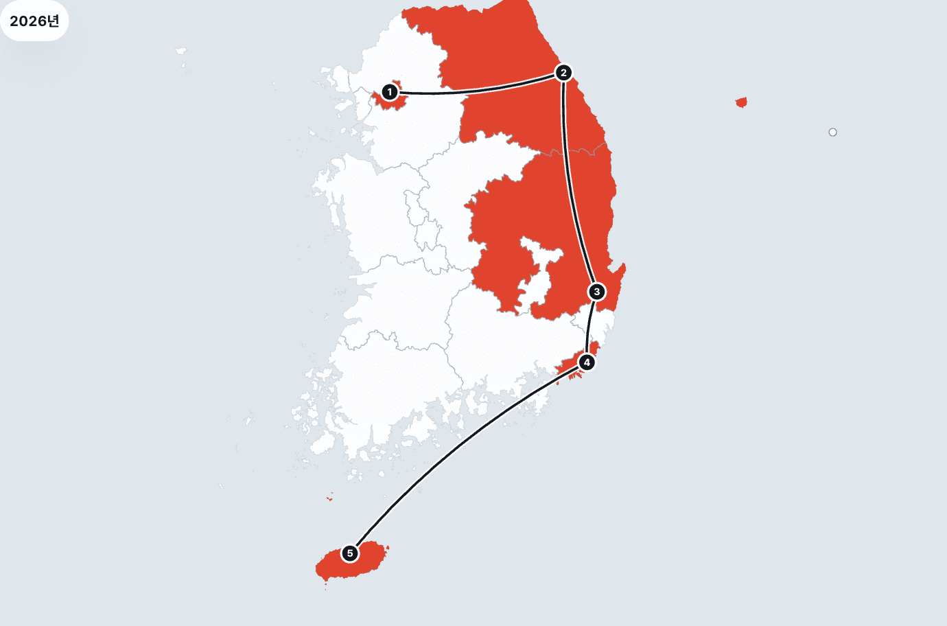 A map of Korea with numbered dots joined by a line from Seoul to Gangneung, Gyeongju, Busan and Jeju