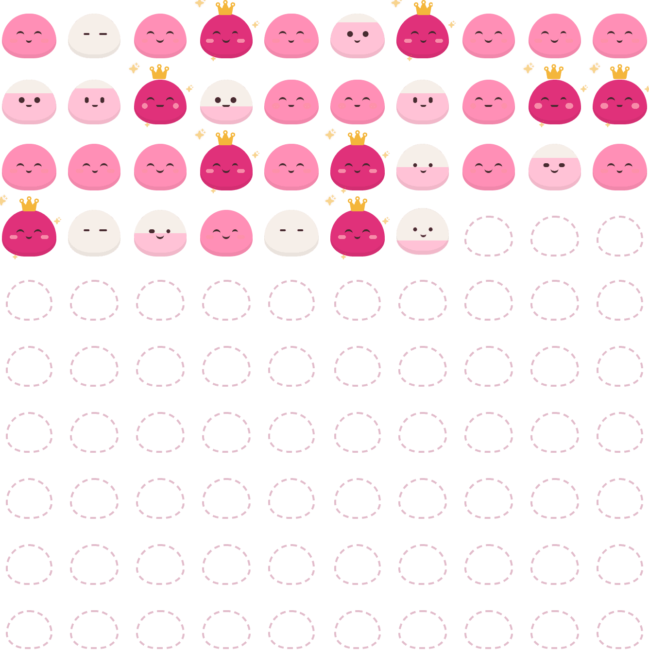 The 100-square board: about thirty squares filled with pink rice cakes; crowned deep-pink ones mark days beyond the goal