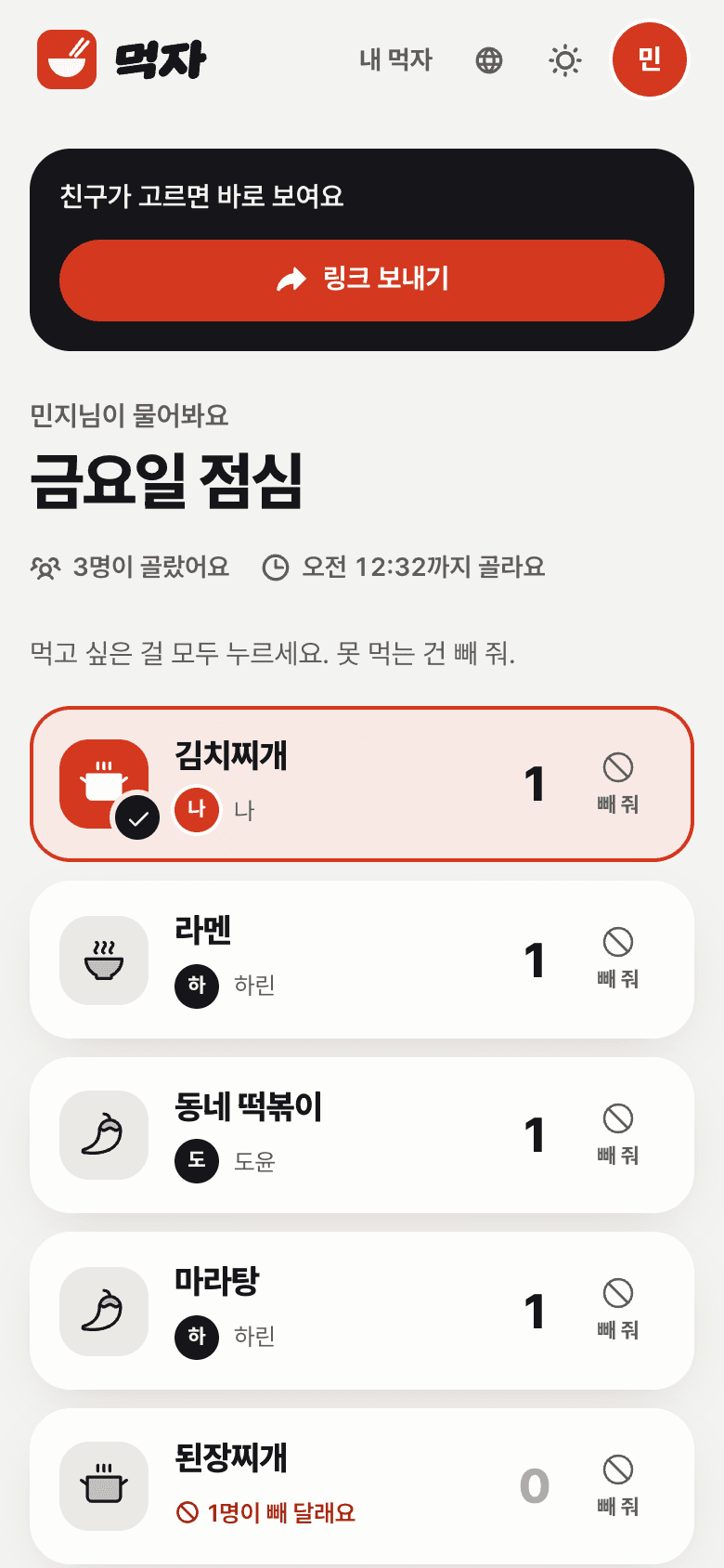 Meokja vote screen for 'Friday lunch': four dishes have one vote each and one dish has been ruled out by a friend